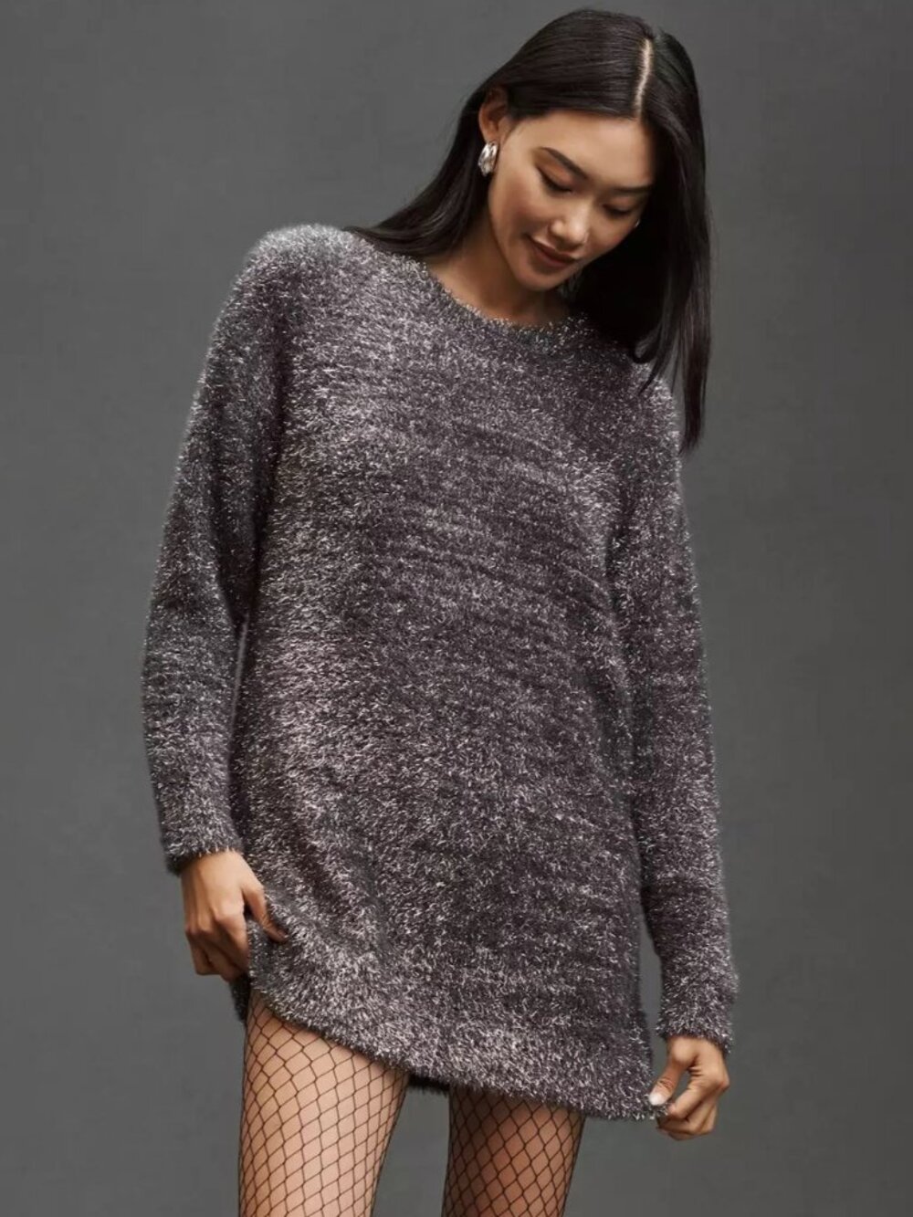 Anthropologie NWT Eyelash Knit Mini Dress in Grey Sparkle Festive size 2X